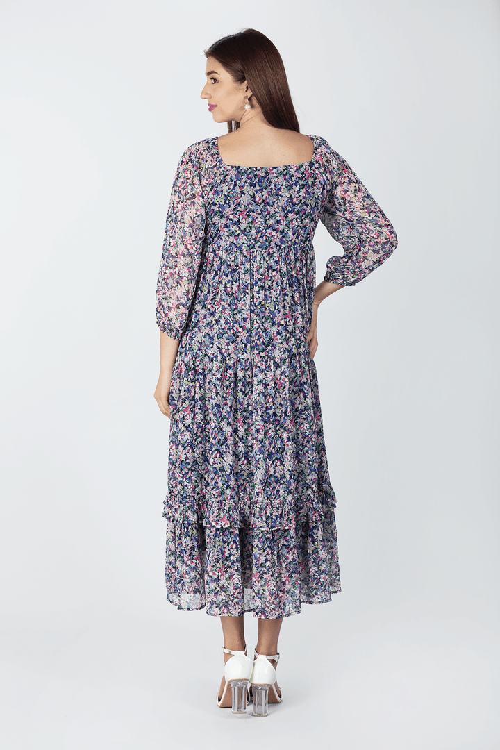 Blue Printed Chiffon Casual Dress