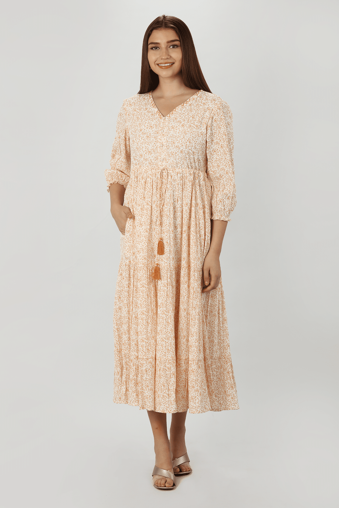 Beige Petal Rayon Floral Dress