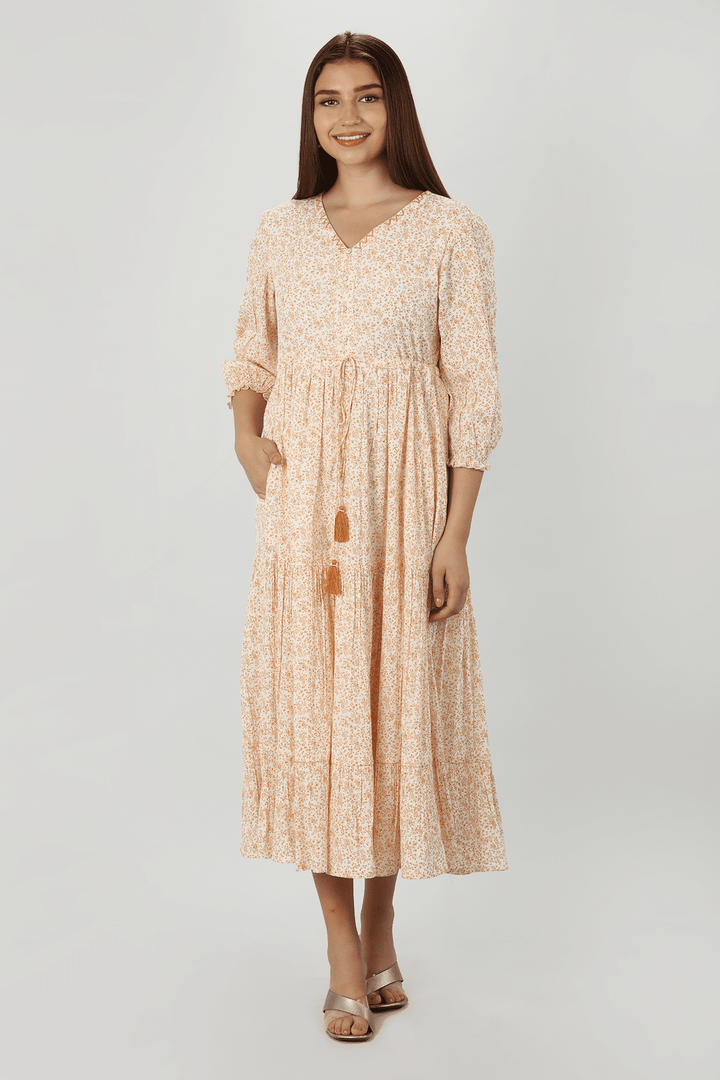 Beige Petal Rayon Floral Dress