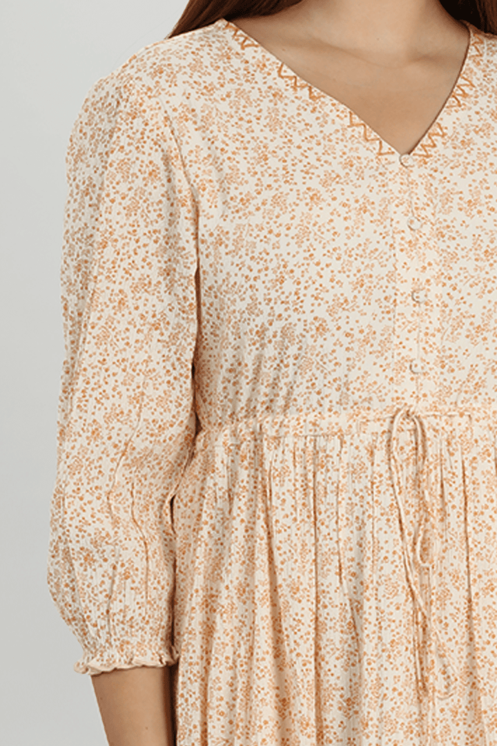 Beige Petal Rayon Floral Dress