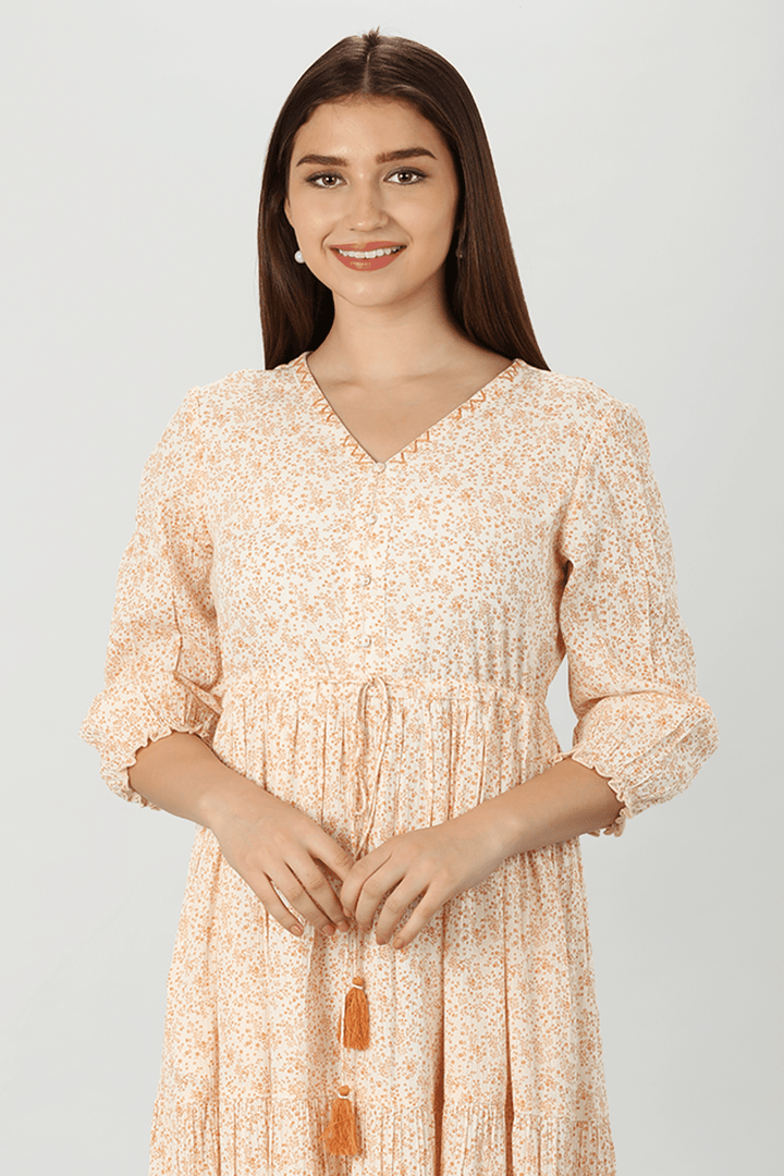 Beige Petal Rayon Floral Dress