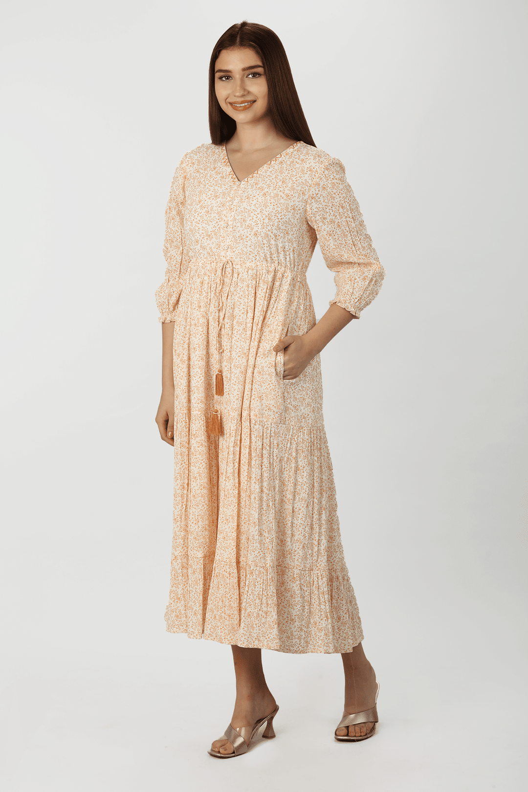 Beige Petal Rayon Floral Dress