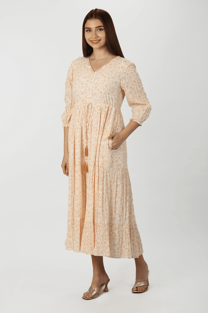 Beige Petal Rayon Floral Dress