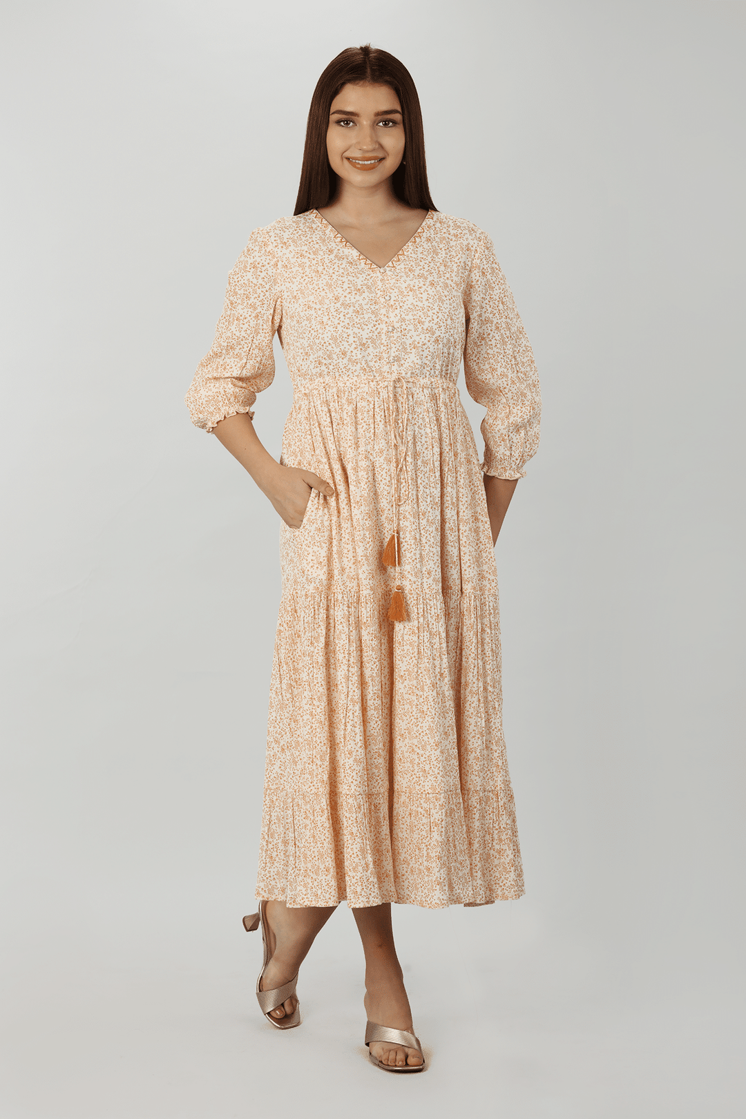 Beige Petal Rayon Floral Dress