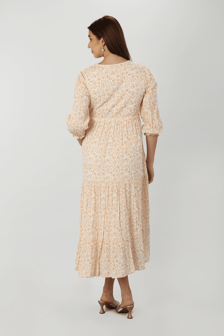 Beige Petal Rayon Floral Dress