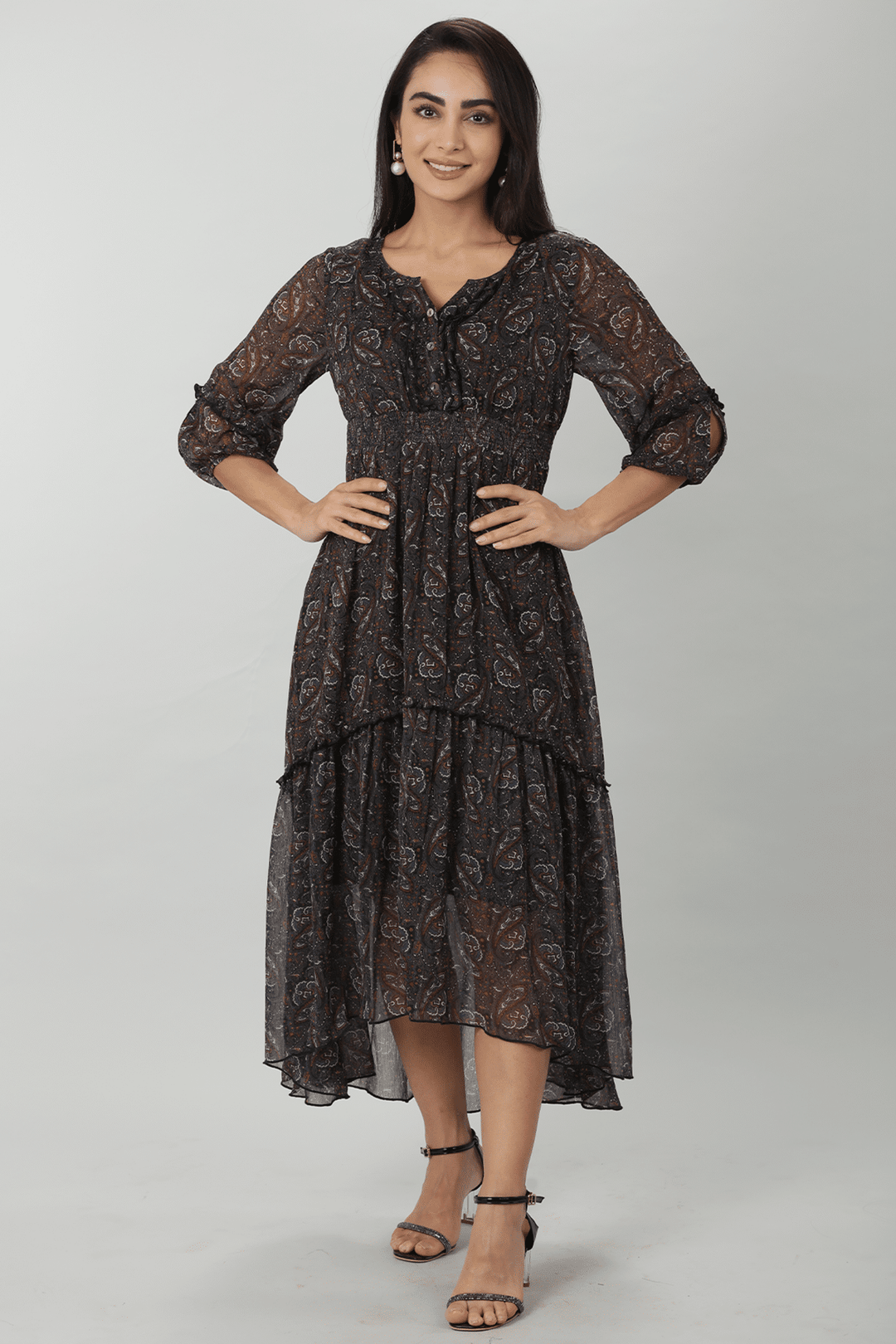 Enchanting Chiffon Printed Dark Brown Casual Dress