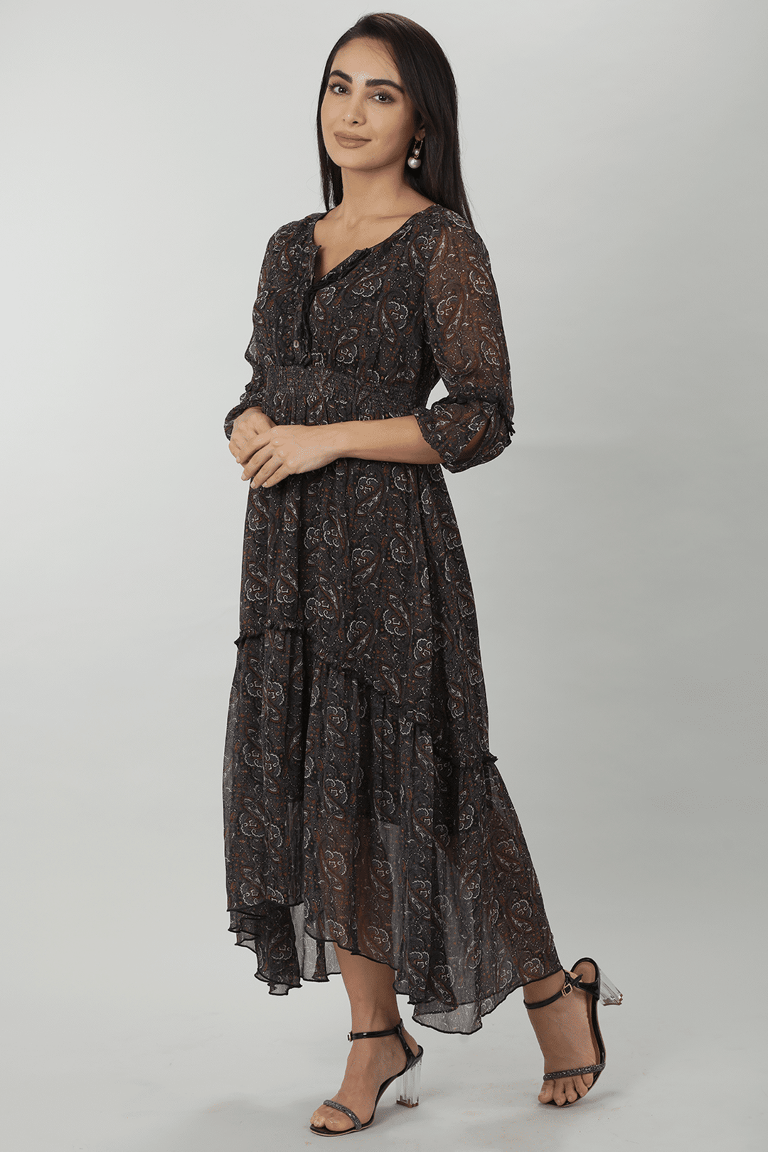 Enchanting Chiffon Printed Dark Brown Casual Dress