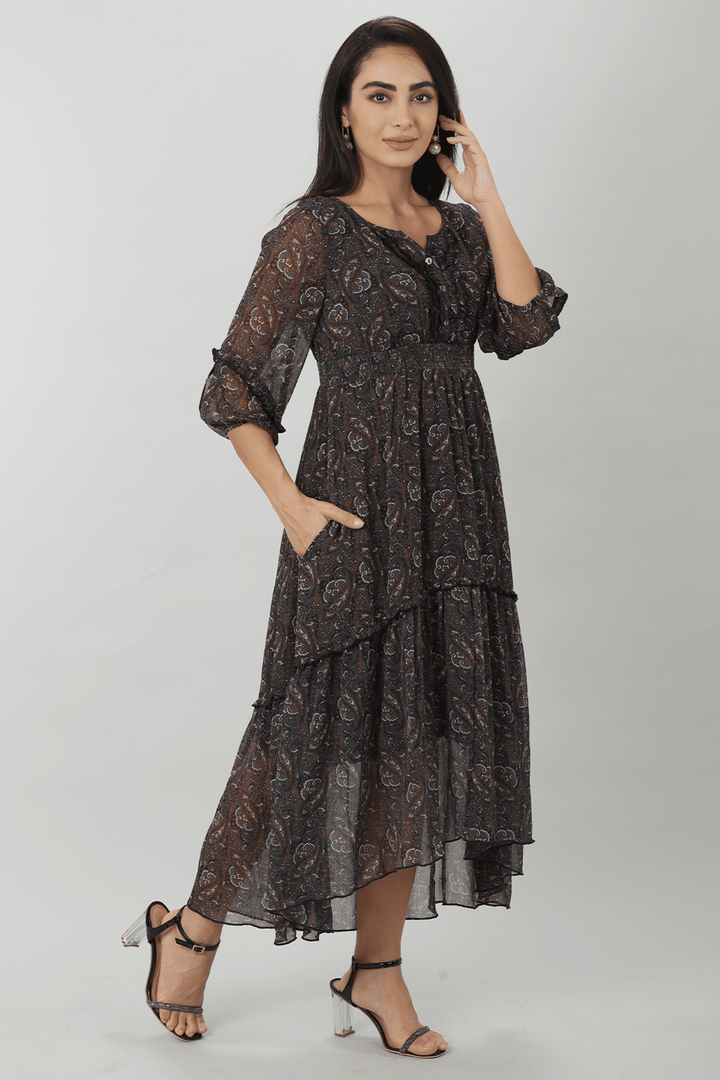 Enchanting Chiffon Printed Dark Brown Casual Dress
