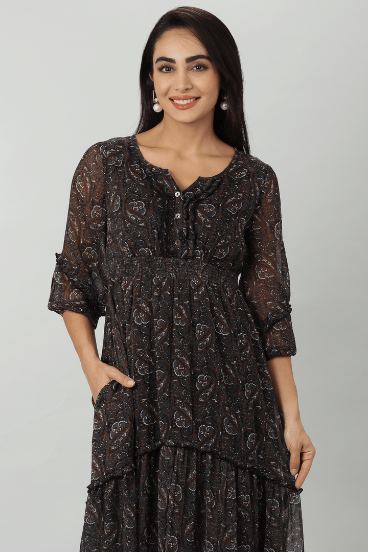 Enchanting Chiffon Printed Dark Brown Casual Dress