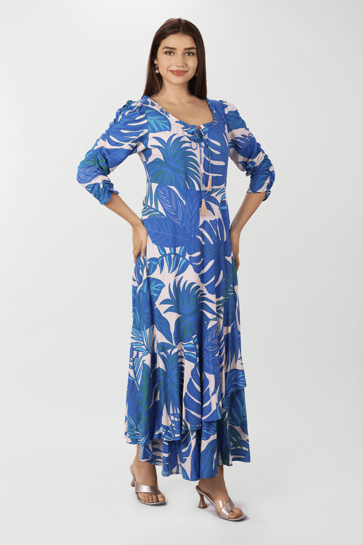 Blue Dobby Print Maxi Dress