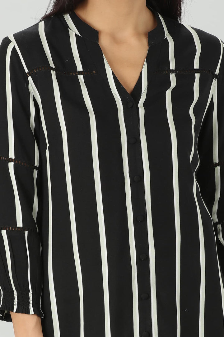 Monochrome Striped Mandarin Shirt