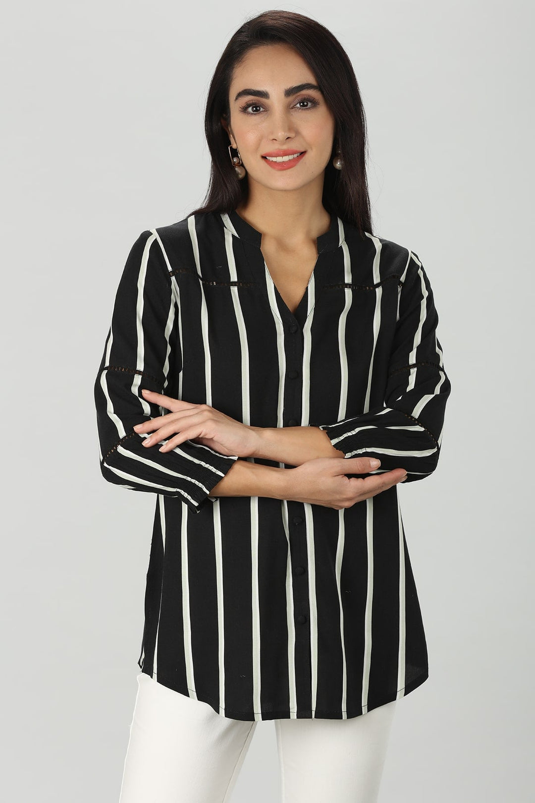 Monochrome Striped Mandarin Shirt