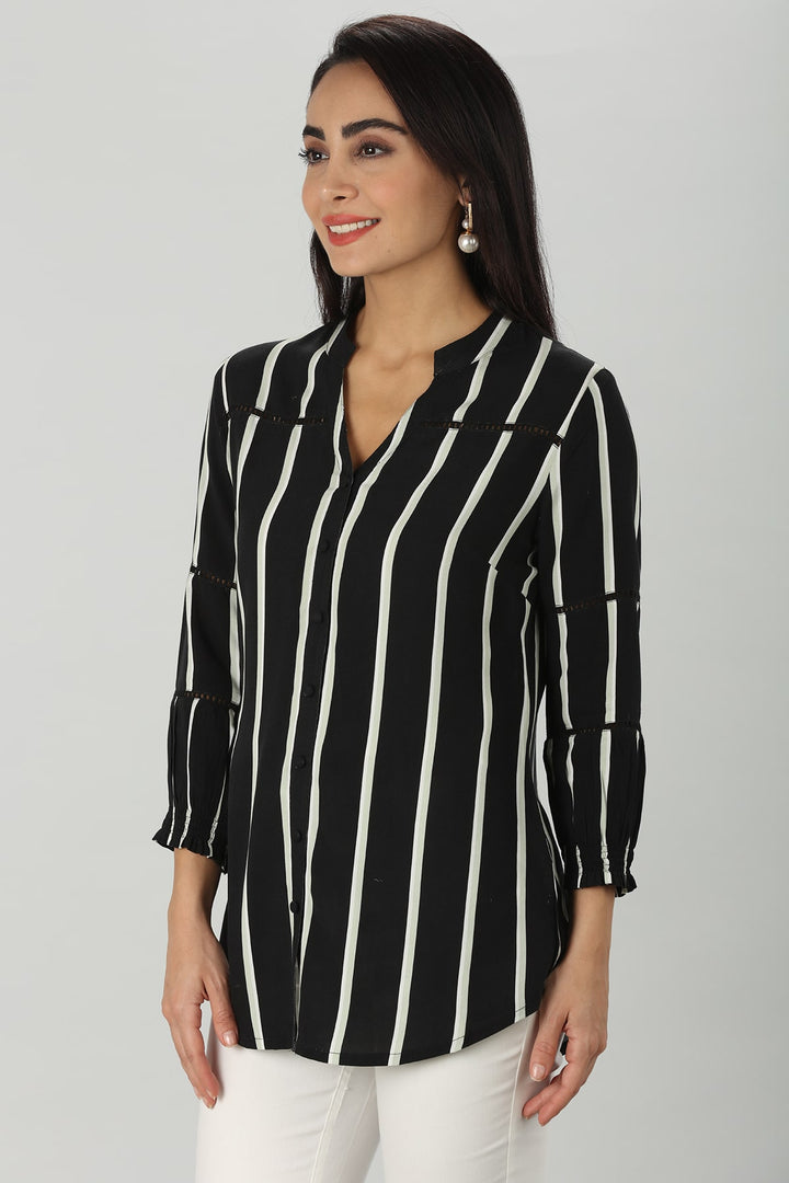 Monochrome Striped Mandarin Shirt