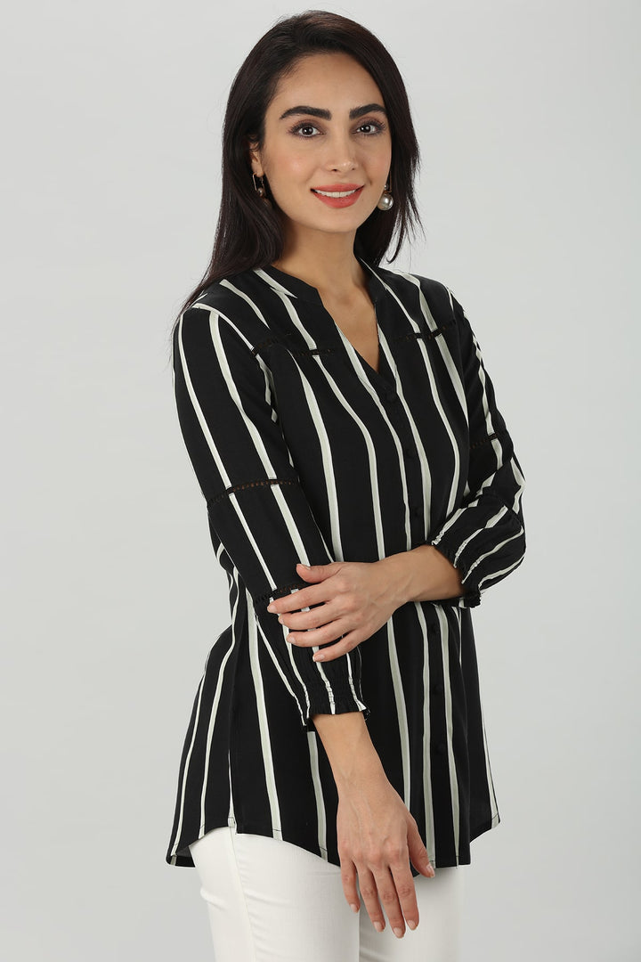 Monochrome Striped Mandarin Shirt