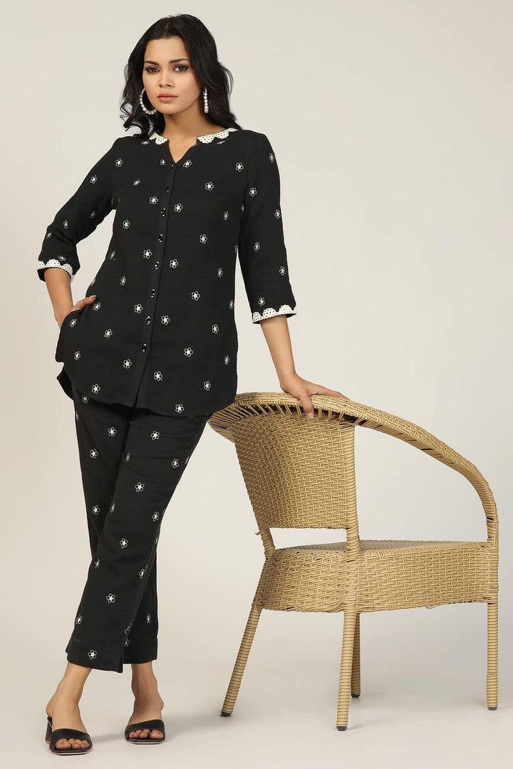 Co ord Black Cotton Double Cloth Embroidered Shirt