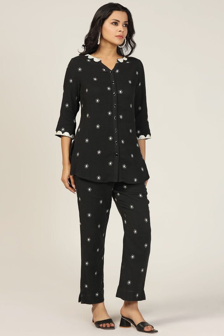 Co ord Black Cotton Double Cloth Embroidered Shirt