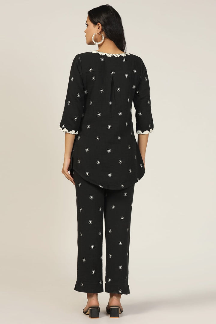Co ord Black Cotton Double Cloth Embroidered Shirt