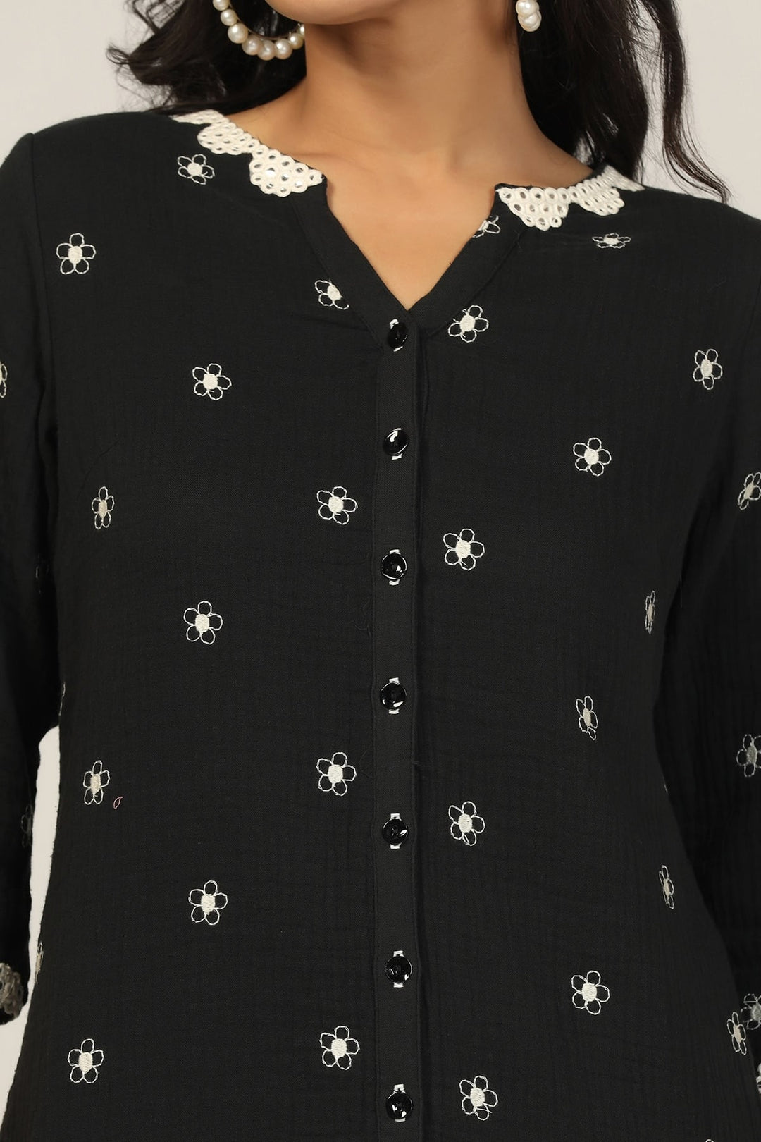 Co ord Black Cotton Double Cloth Embroidered Shirt