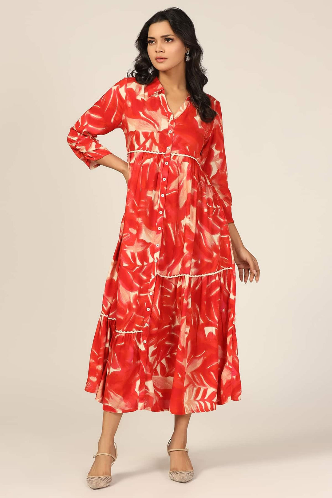 Red Prismatic Flair Collared Rayon Printed Dress
