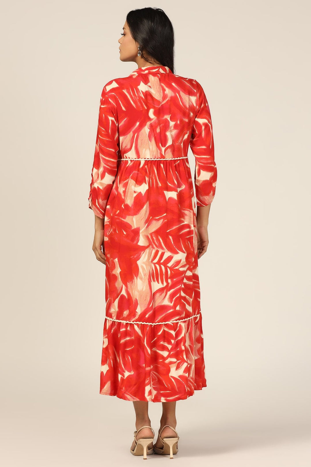 Red Prismatic Flair Collared Rayon Printed Dress
