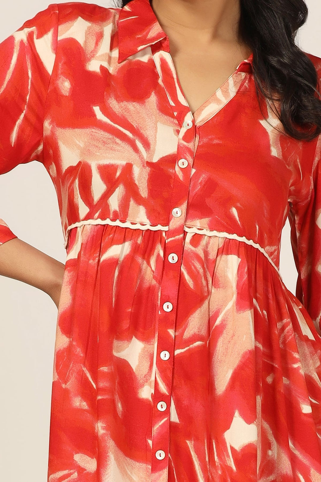Red Prismatic Flair Collared Rayon Printed Dress