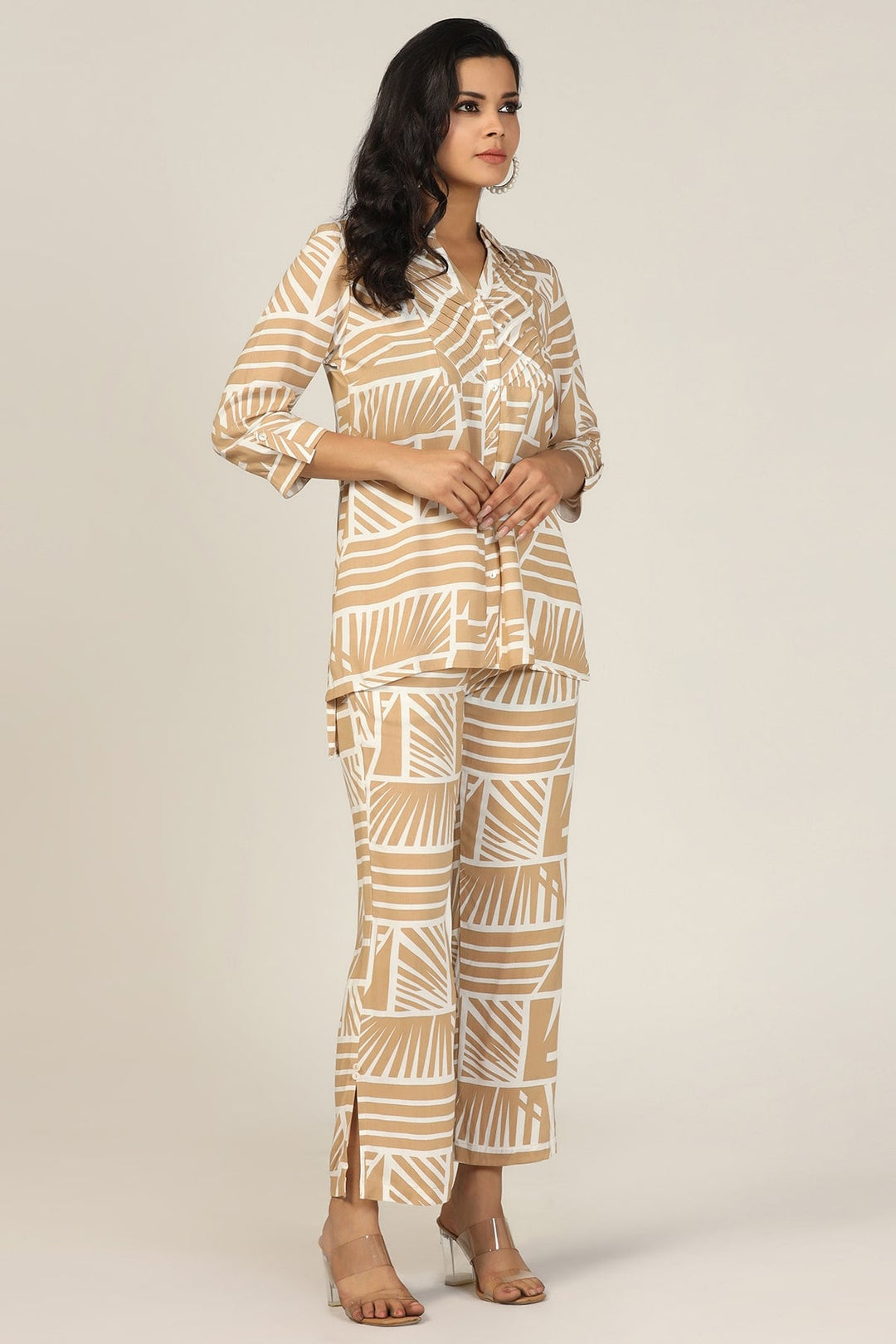 Beige Collared Rayon Co-Ord Shirt