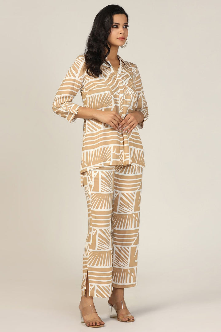 Beige Collared Rayon Co-Ord Shirt