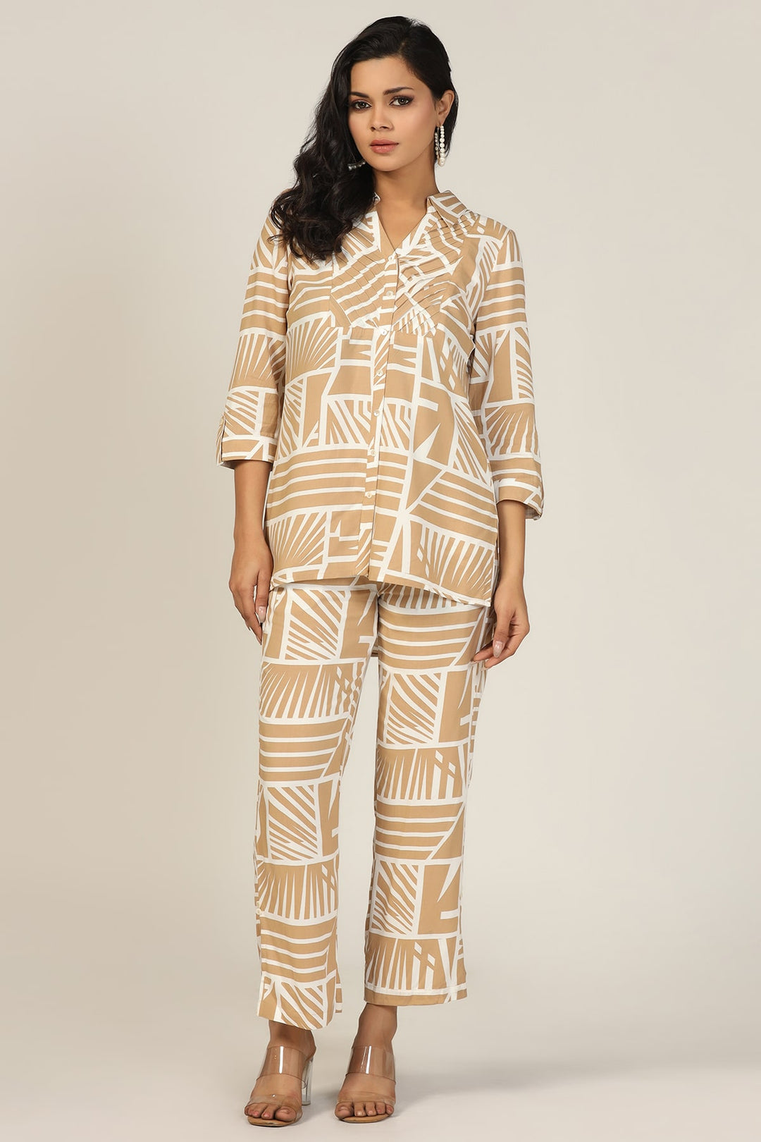 Beige Collared Rayon Co-Ord Shirt