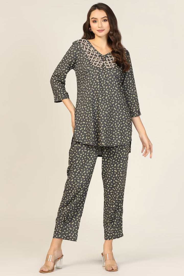 Dark Grey Fusion Embroidered Co-Ord Top
