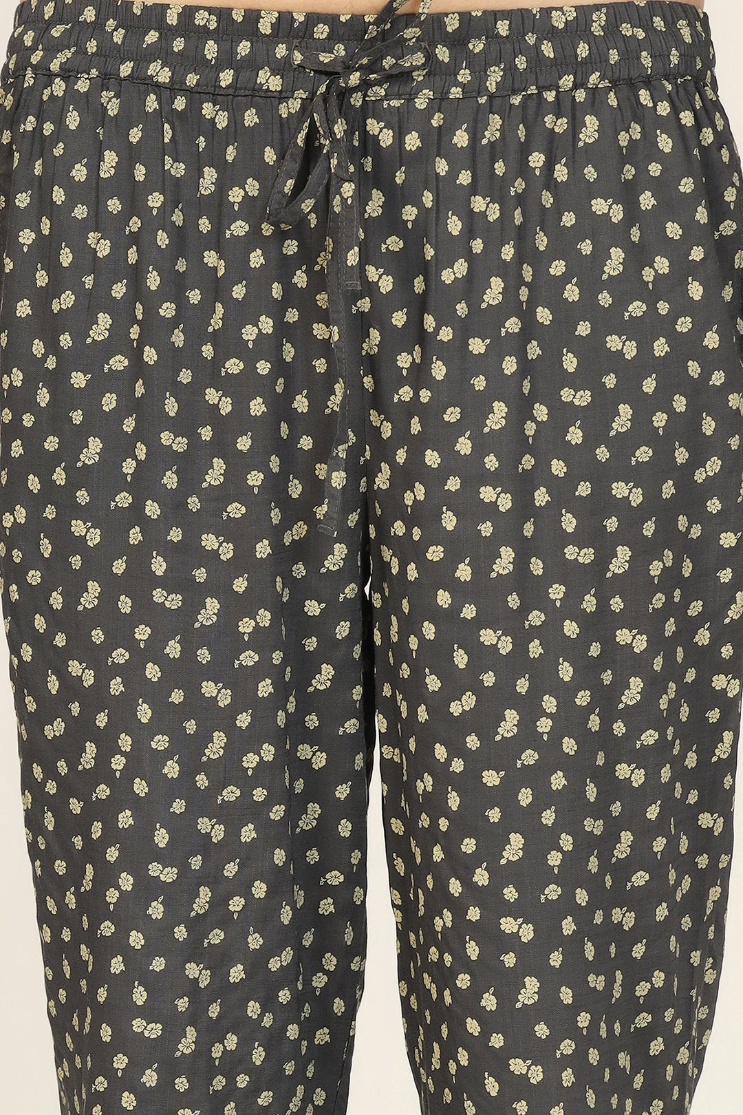 Dark Grey Printed Rayon Co-Ord Pants