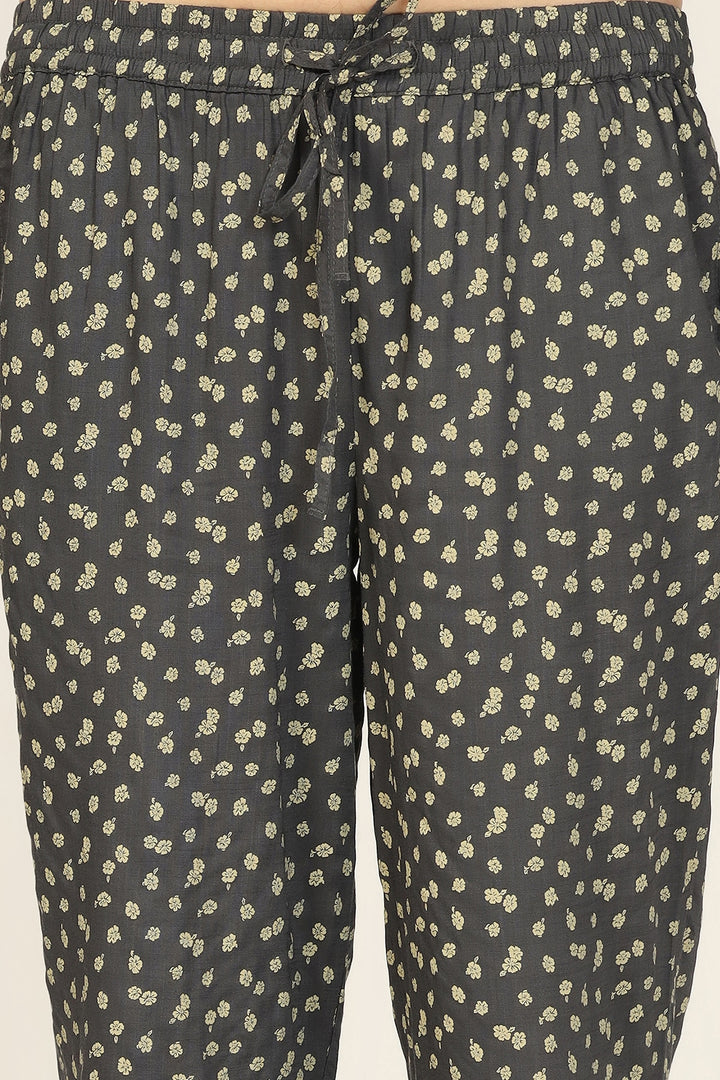 Dark Grey Printed Rayon Co-Ord Pants