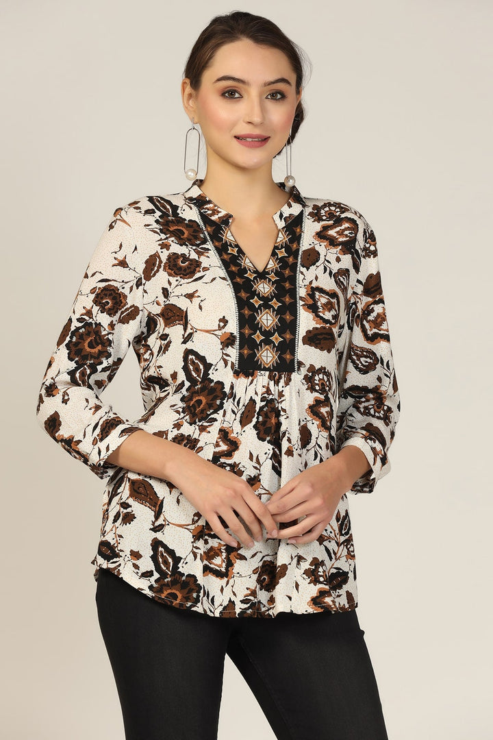 Brown Embroidered Crepe Dream Top