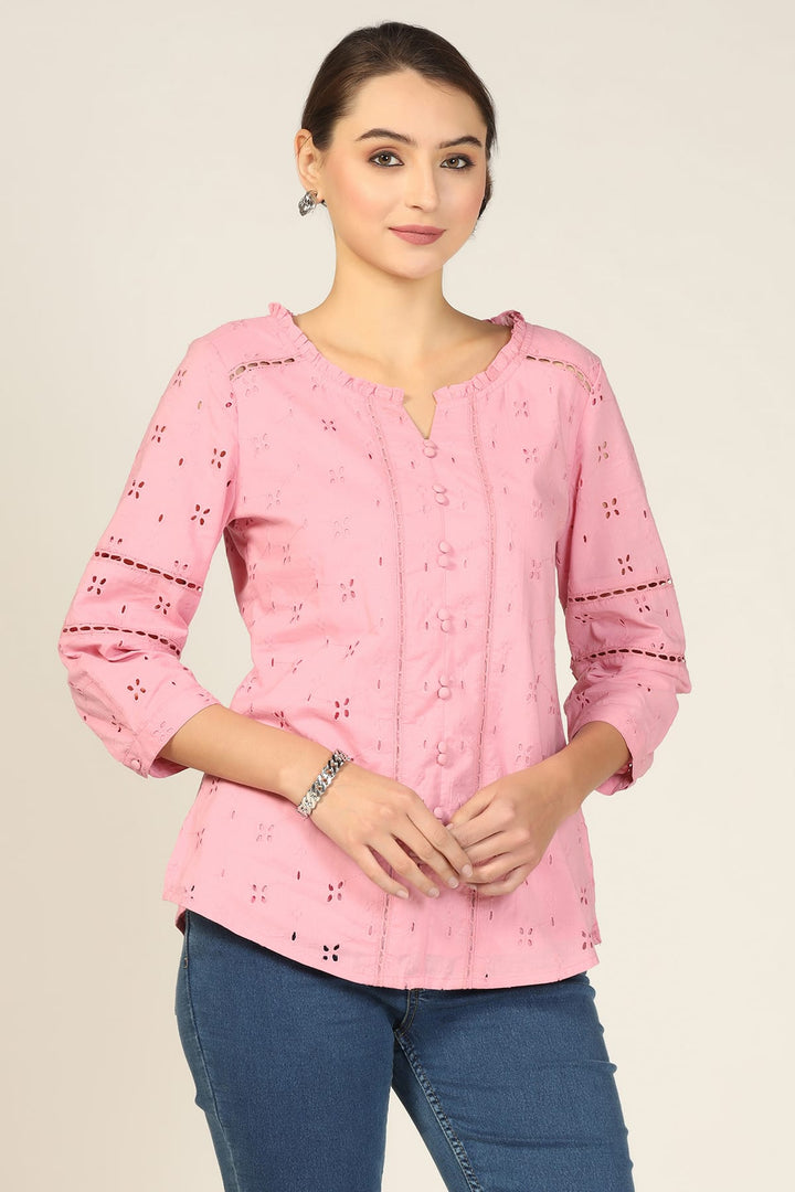 Pink Embroidered Cotton Schiffli Top