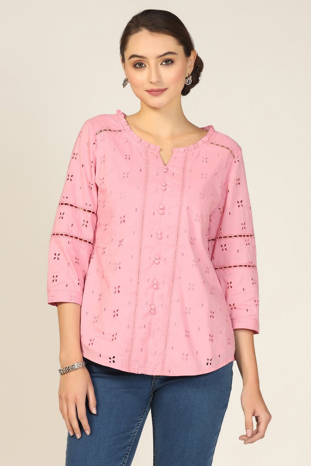 Pink Embroidered Cotton Schiffli Top