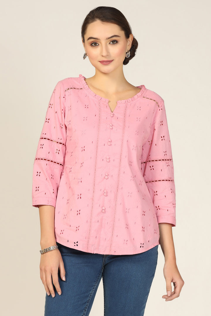 Pink Embroidered Cotton Schiffli Top