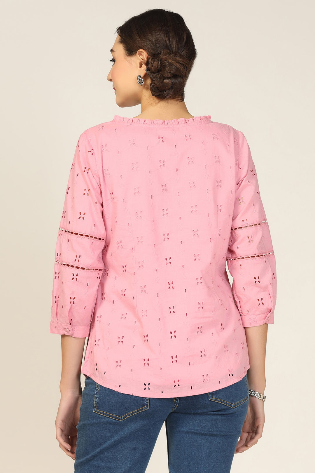 Pink Embroidered Cotton Schiffli Top