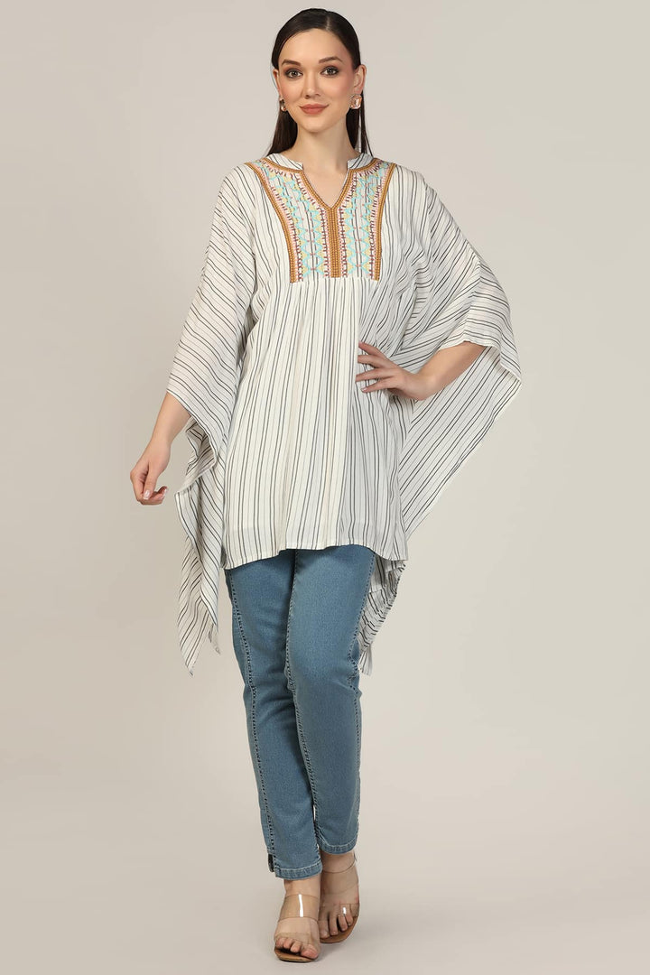 Light Grey Embroidered Rayon Crepe Mandarin Top