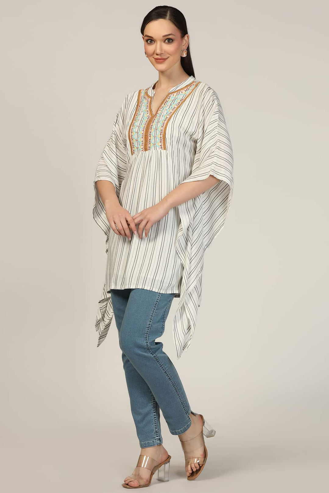 Light Grey Embroidered Rayon Crepe Mandarin Top