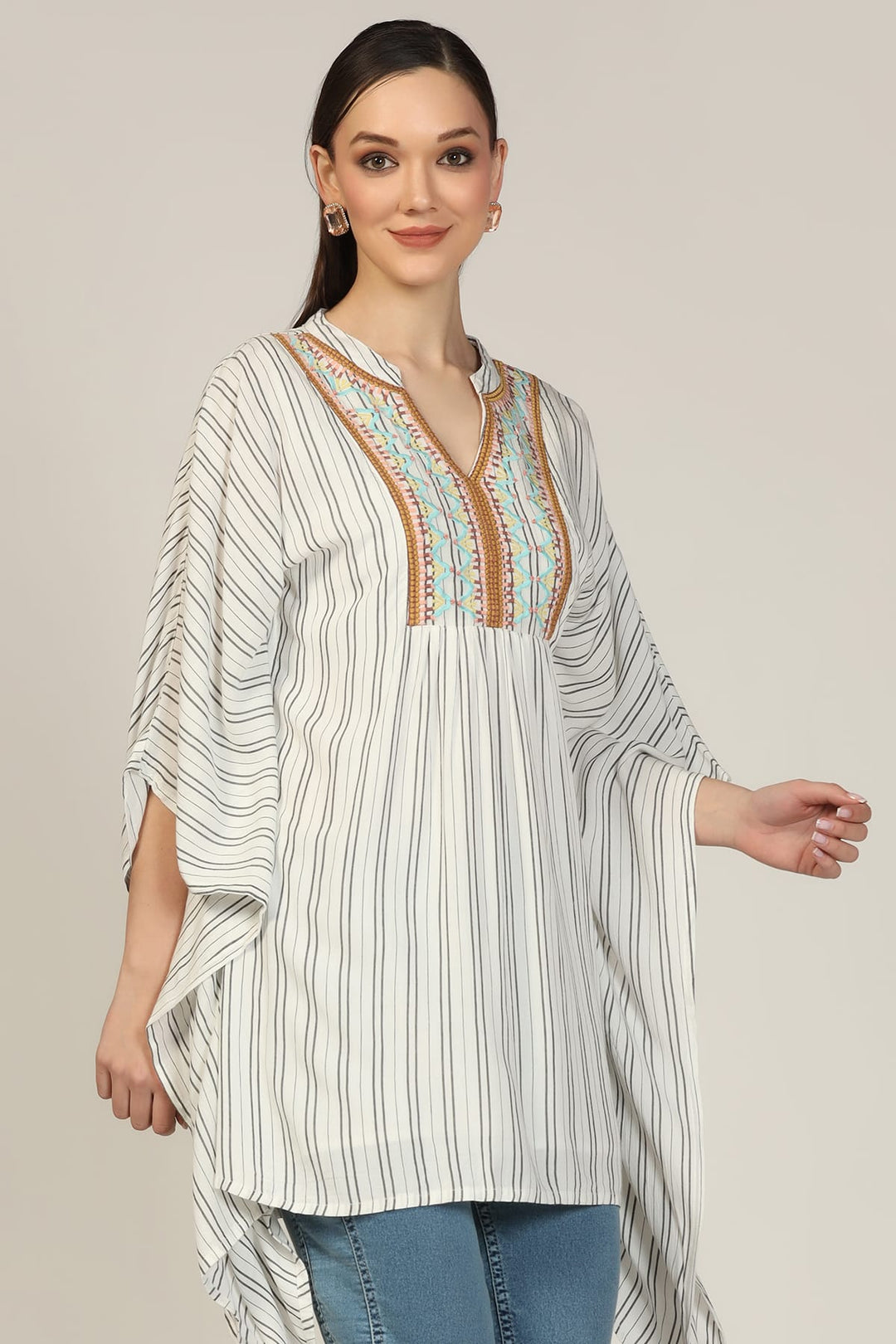 Light Grey Embroidered Rayon Crepe Mandarin Top