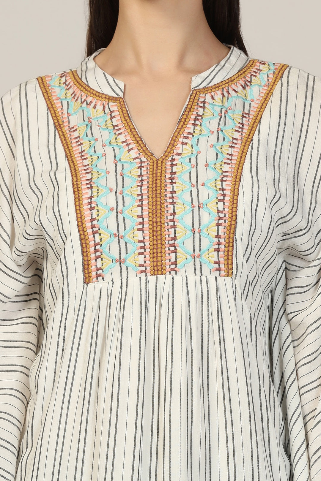 Light Grey Embroidered Rayon Crepe Mandarin Top