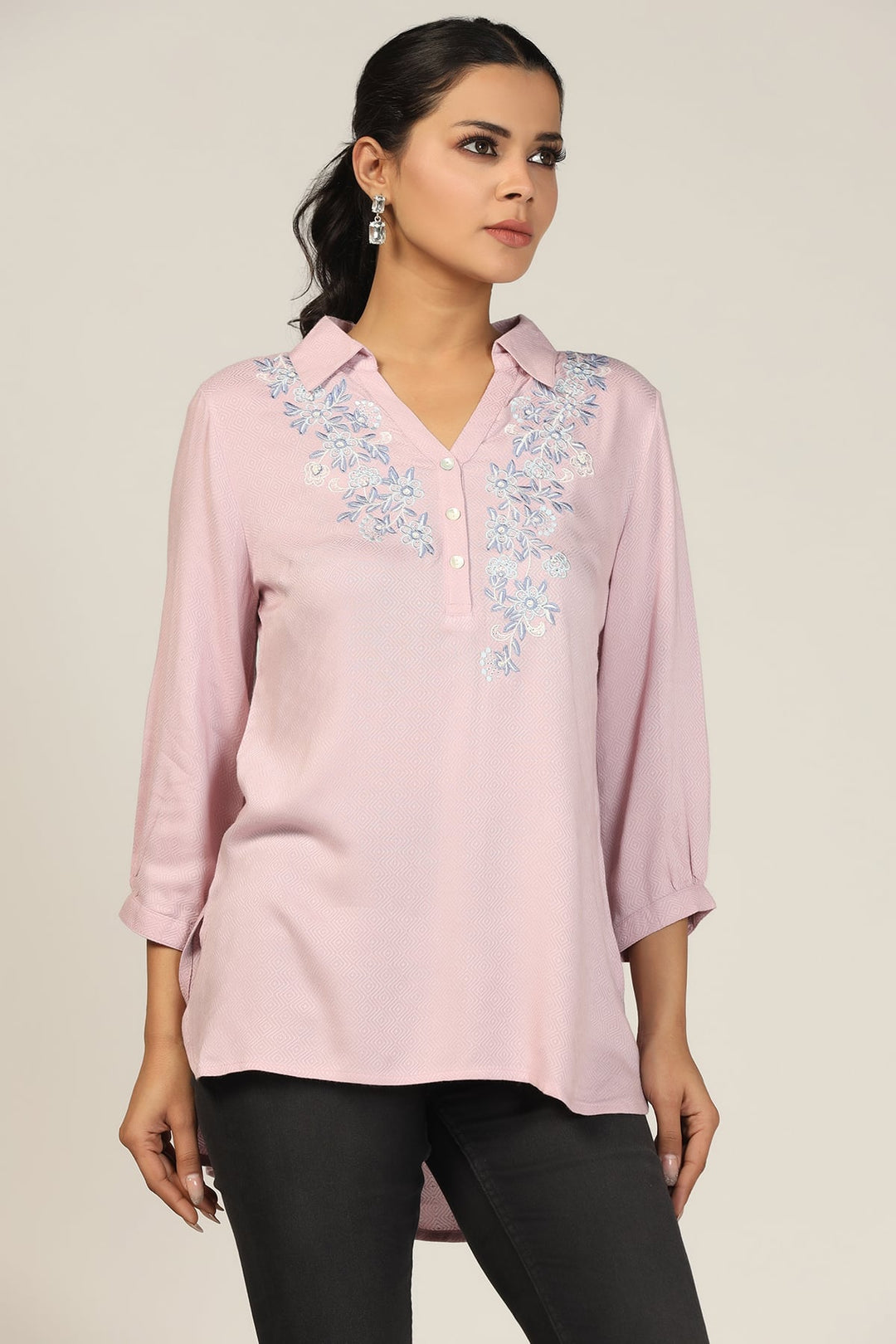 Lavender Embroidered Dobby Collared Top