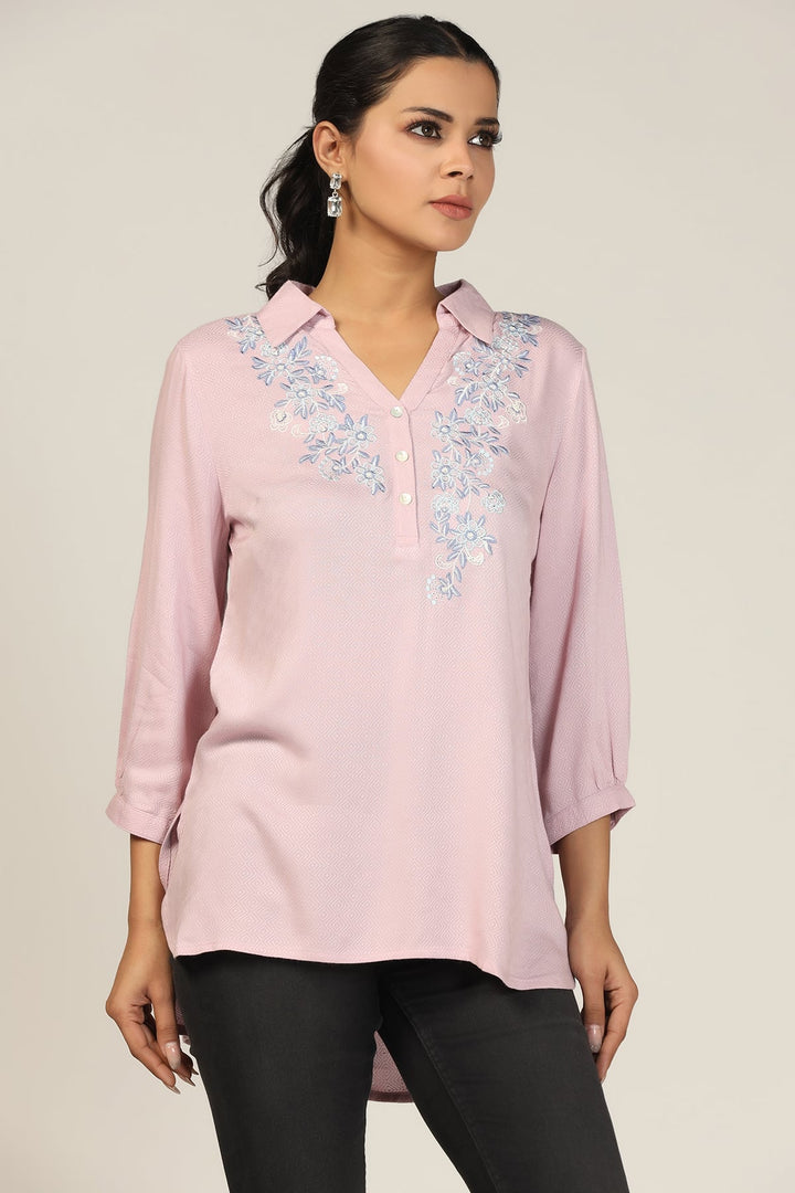 Lavender Embroidered Dobby Collared Top