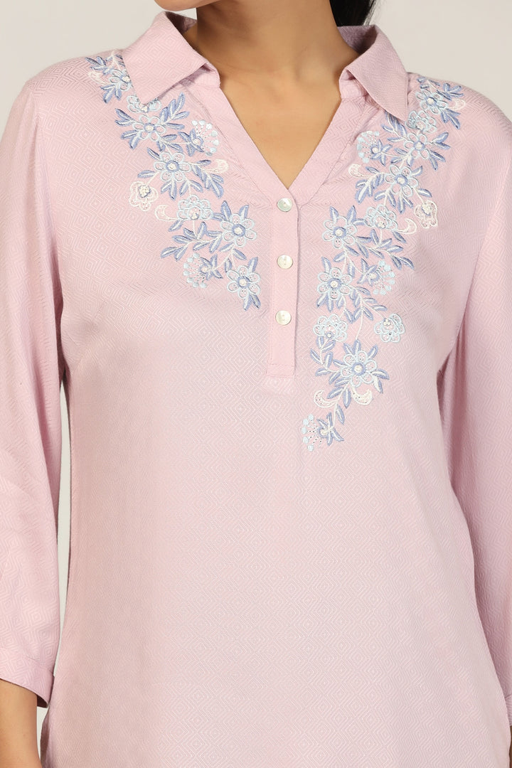 Lavender Embroidered Dobby Collared Top