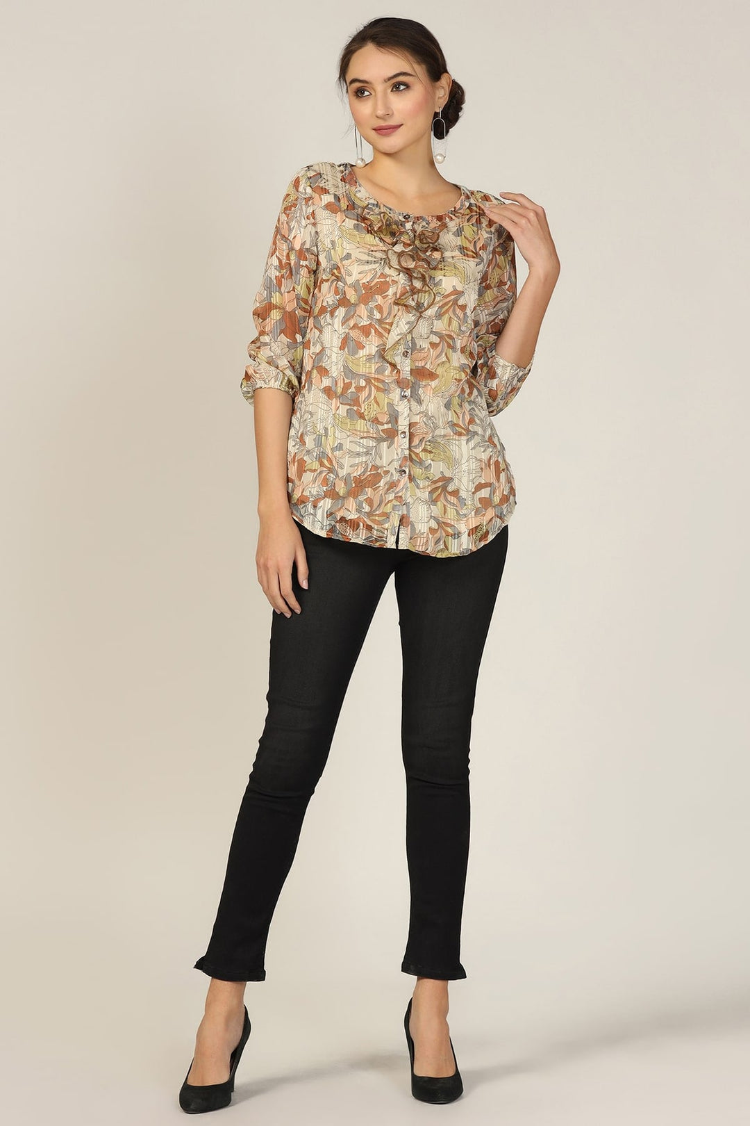 Brown Chiffon Printed Casual Top