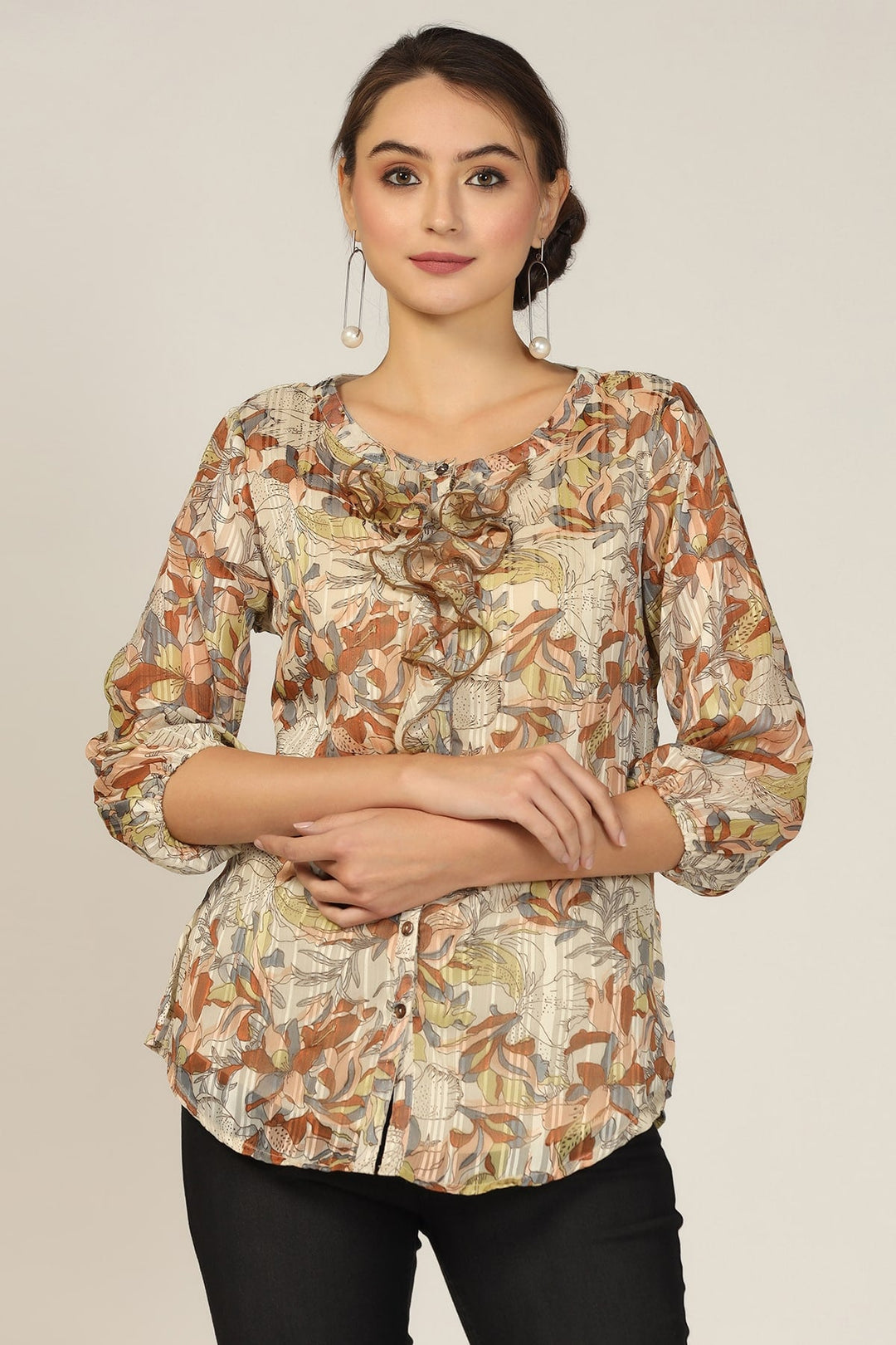 Brown Chiffon Printed Casual Top