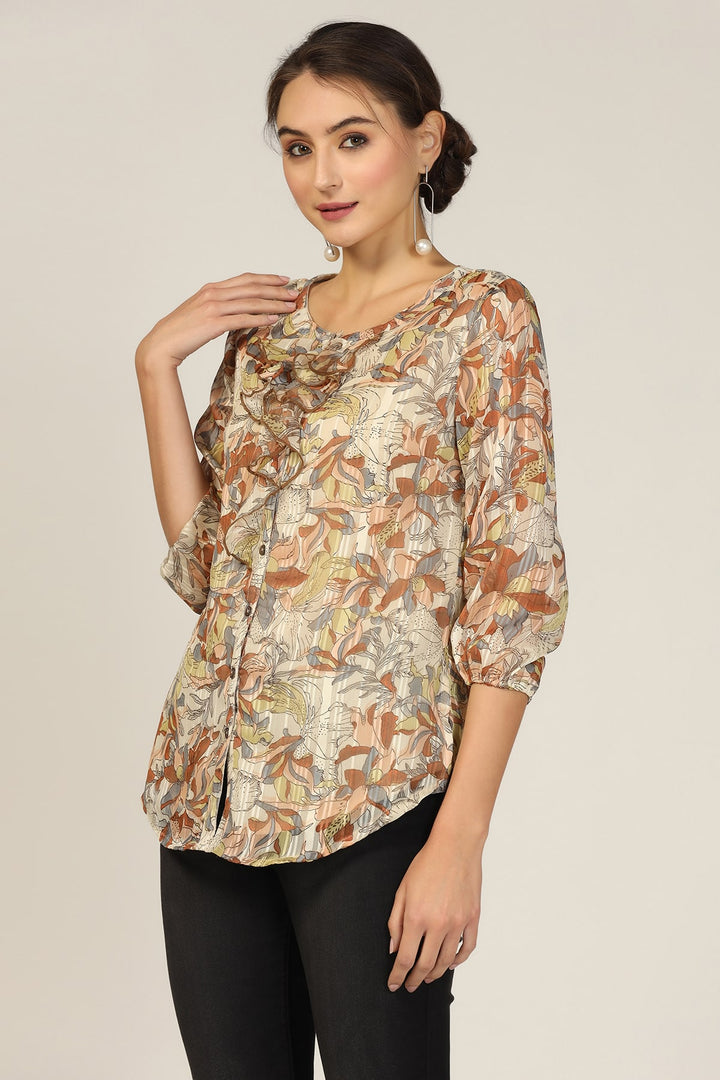 Brown Chiffon Printed Casual Top