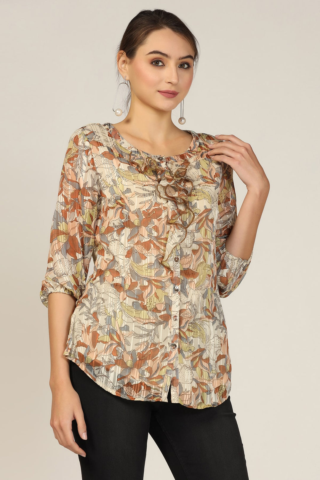 Brown Chiffon Printed Casual Top