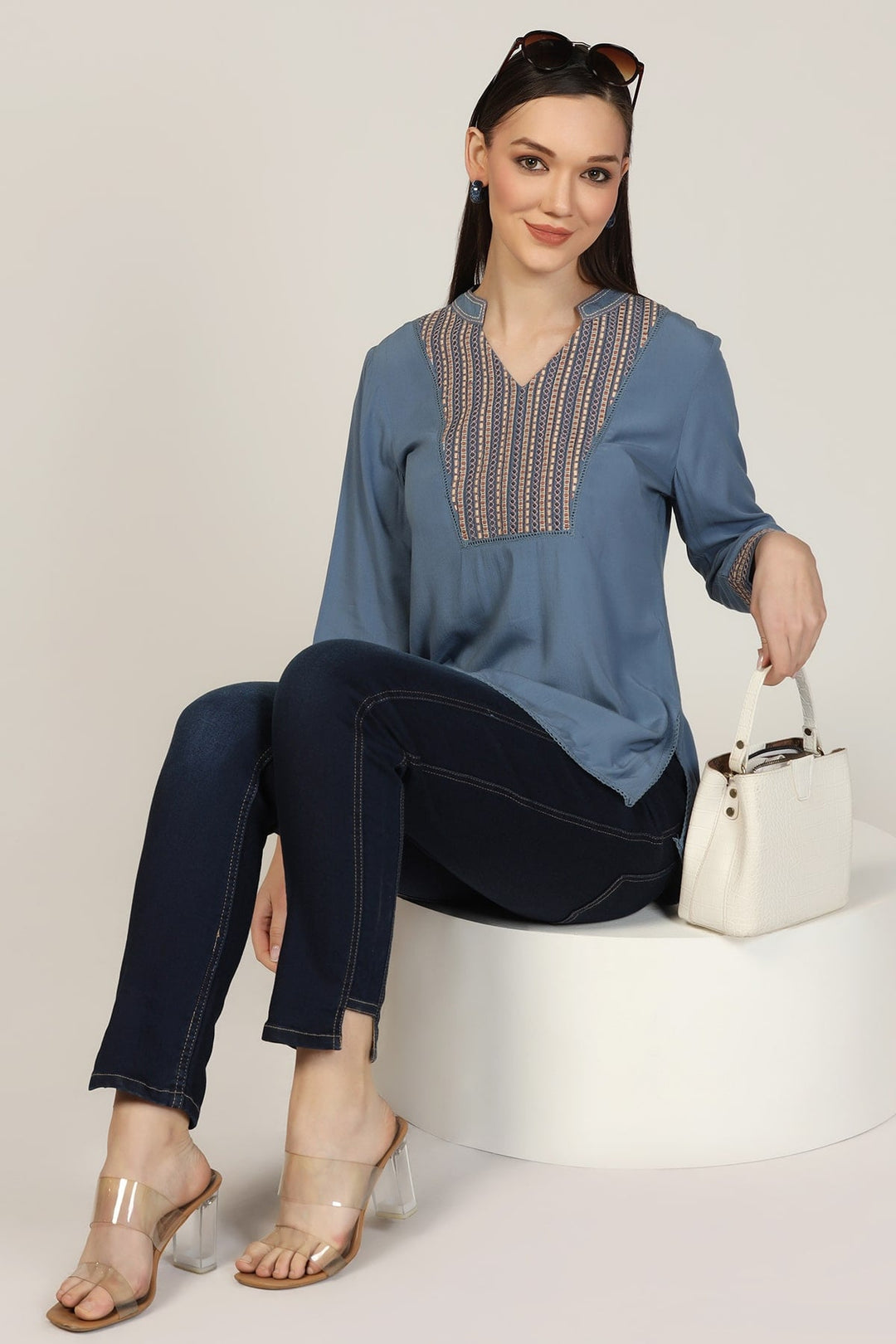 Blue Embroidered Calci Crepe Top