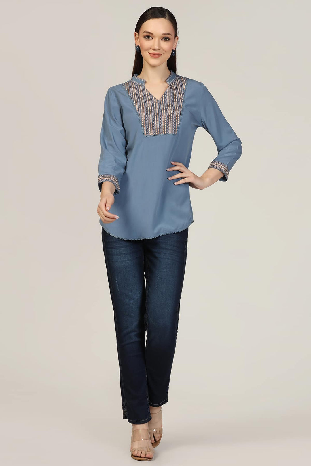 Blue Embroidered Calci Crepe Top