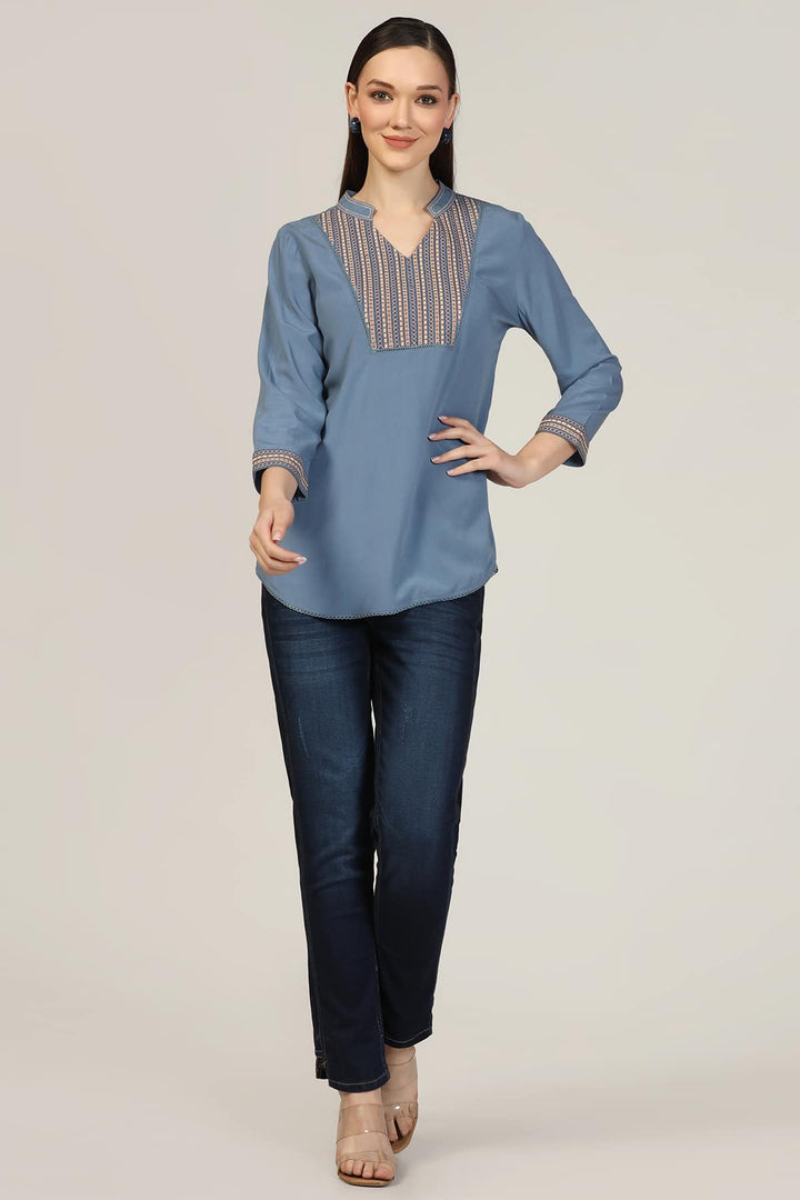 Blue Embroidered Calci Crepe Top